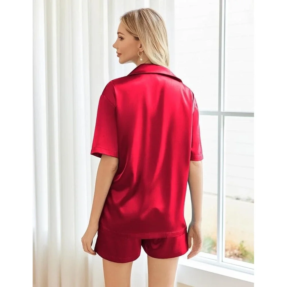 Ekouaer Womens Silk Satin Pajama Set‎ Soft Short Sleeve Button Down red medium